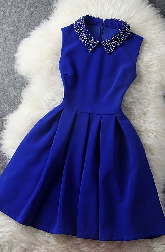 cute decorated collar sapphire blue dress