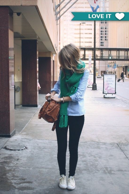 Cute fall or spring outfit with a comfy green knit scarf. This looks like Philly