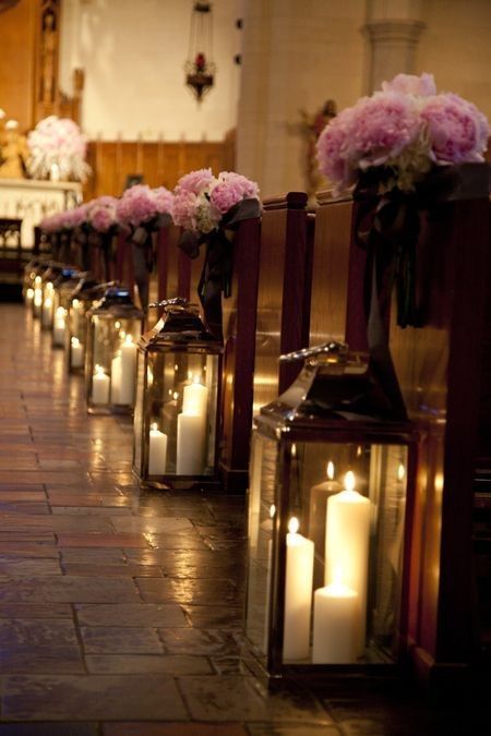 Glass lanterns and flower bouquets aisle decor for church wedding, pastel pink f
