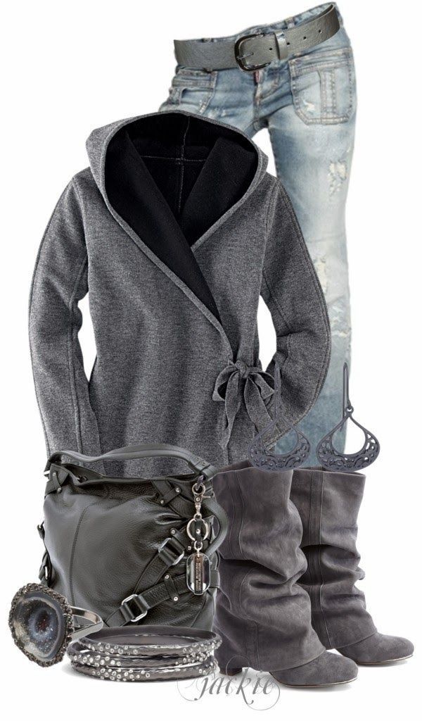 Grey Fall Outfit With North Face Hoodie and Handbag and them Boots!
