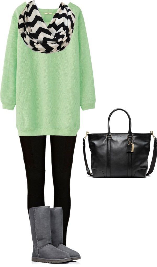 Mint green sweater, black leggings, gray boots, and black & white chevron scarf.