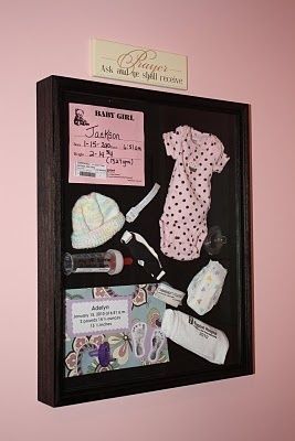 Shadow box with babys stuff from the hospital…way better than sitting in a box