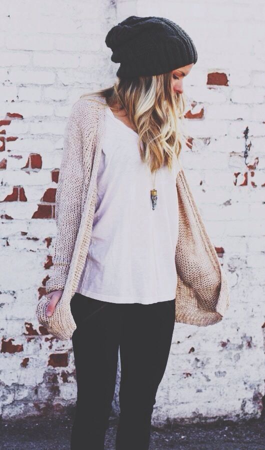 Sundays : white-t, cardigan, beanie and curls. Mmhmm