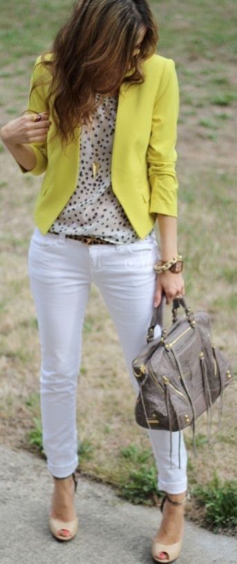 white jeans, leopard belt, printed top, colorful blazer,dotted blouser,street st