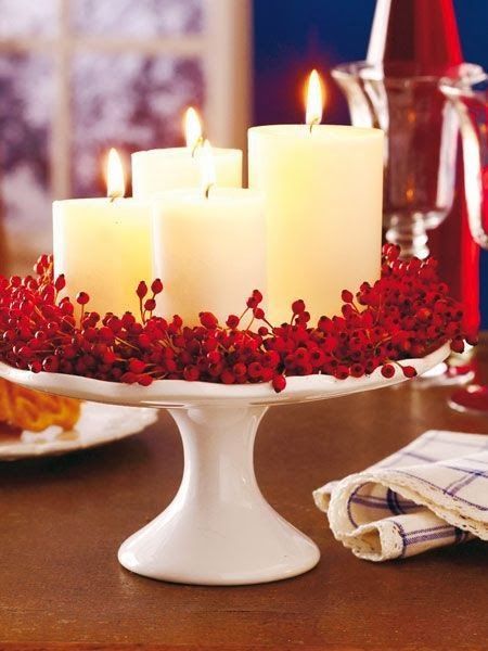 Candles on a cake stand – such an easy holiday centerpiece!