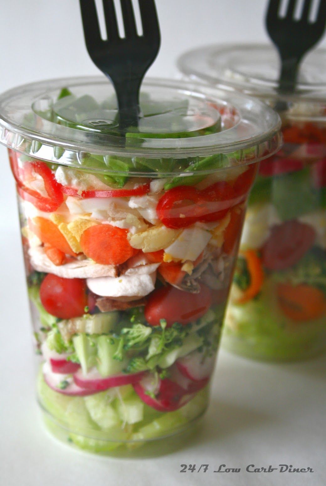 Chopped Salad in a Cup. Great for summer picnics! I would def. reverse the fork