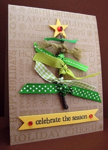 Christmas Card with ribbon scraps and twig