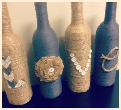 DIY vases. Yarn wrapped bottles. LOVE craft. Twine, buttons, burlap, wine bottle