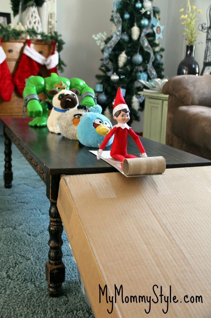 Fun Elf on the Shelf Idea | Sledding in the house!