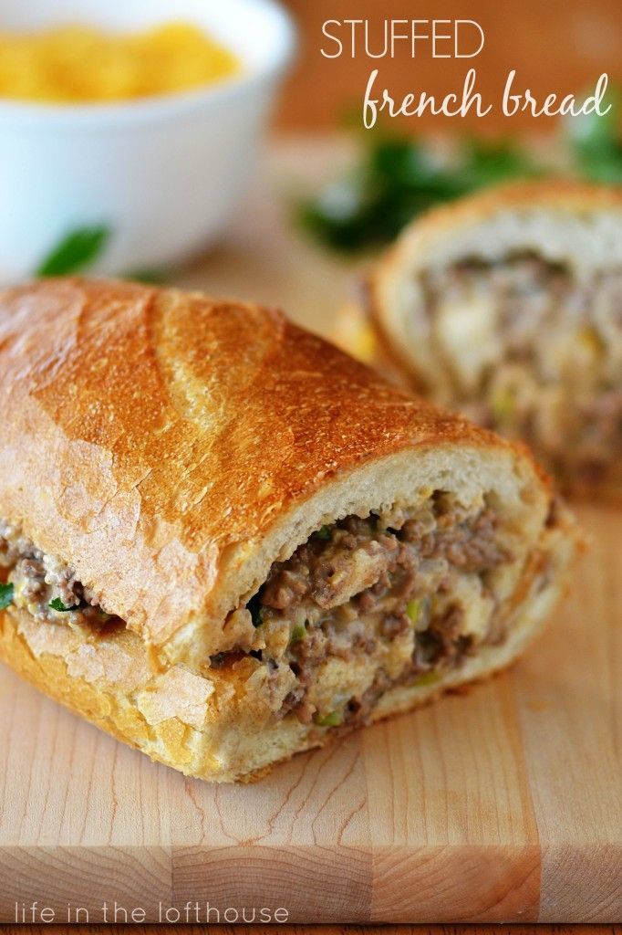 Ground Beef Stuffed French Bread Sandwich – mushroom soup, onion, cheese and sea