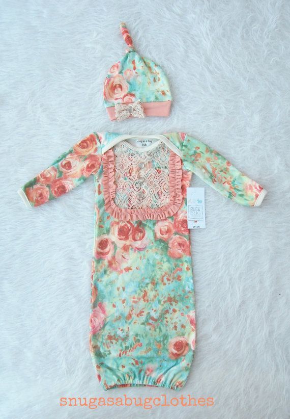 Vintage Inspired Floral Baby Girl Gown with Matching Winkie Hat, $44.00