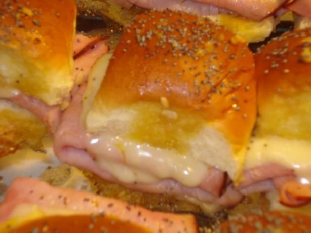Baked ham sandwiches on sweet Hawaiian rolls.  Trust me, you will love them!