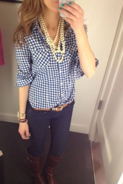Gingham and Pearls! Shirt: Old Navy (old), Boots: Tory Burch, Necklace: eBay, Wa