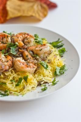 21 Healthy Spaghetti Squash Recipes: Roasted Spaghetti Squash with Shrimp Pasta, fresh rosemary, fresh thyme, fresh