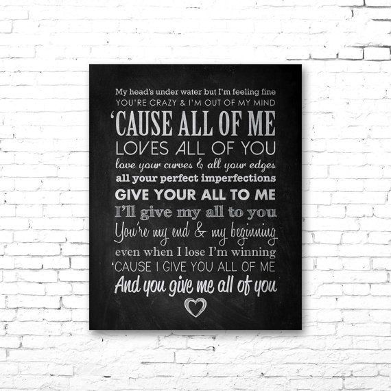 JOHN LEGEND “All of Me” – PRINTABLE Song Lyrics Artwork – Chalkboard