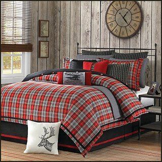 mix of patches in solids, stripes and plaids. The bold red colour is enhanced by the soft neutral tan patches in solids, stripes and plaids. hunting theme bedrooms-rustic style decorating-northwoods