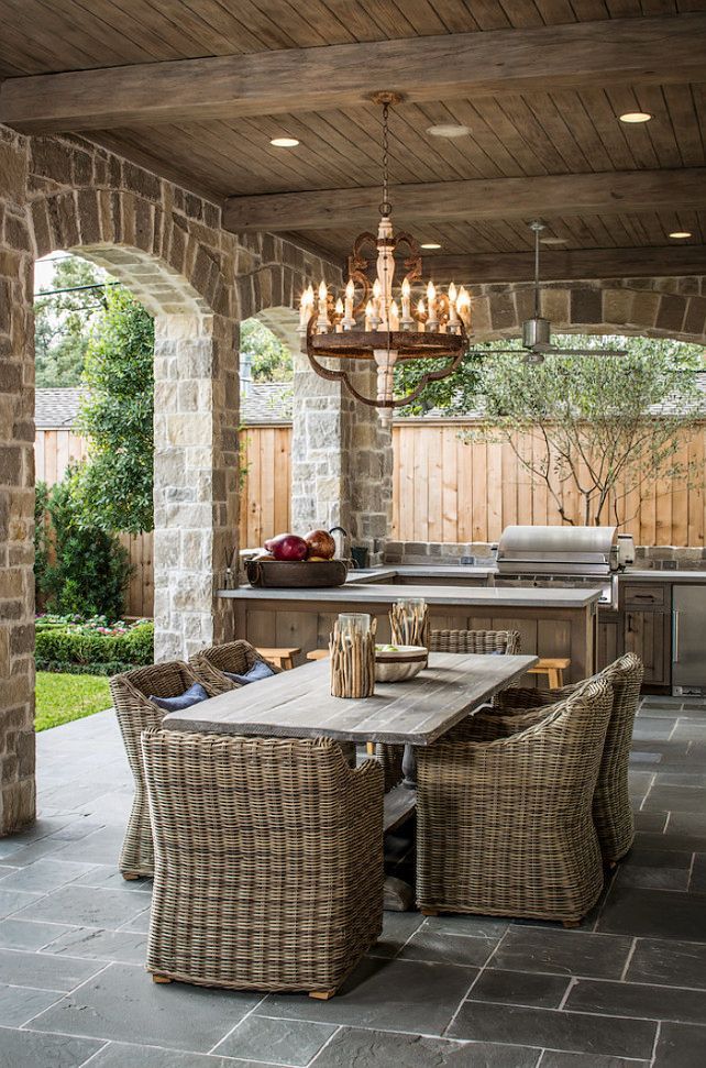 What a great entertaining idea for a covered patio!! Outdoor Kitchen, dining table, and a beautiful chandelier to complete the space! Talk about lakeside