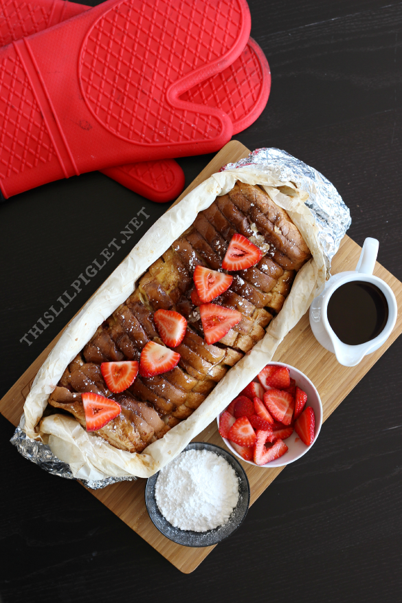 Campfire French Toast  an easy way to do French Toast – Pour egg mix over bread that has been sliced and wrapped in parchment and then foil.  Bake until done over campfire or grill.  Less work for me