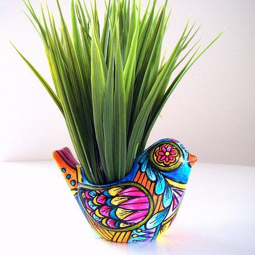 Ceramic Bird Planter Folk Art Day of the Dead Home Decor Vase Painted Tattoo turquoise orange pink yellow – MADE TO ORDER. $40,00, via