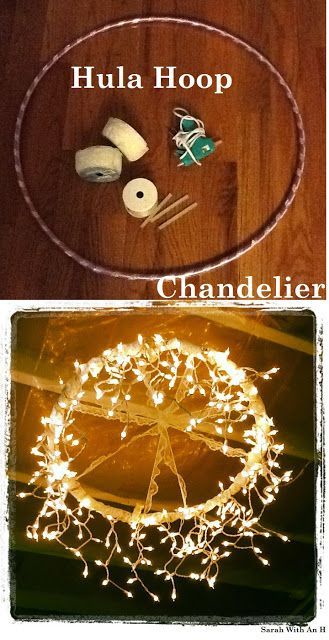 For back porch over the table. Make a hula hoop chandelier using icicle lights. Add glittered christmas balls in various colors on fishing line in varying