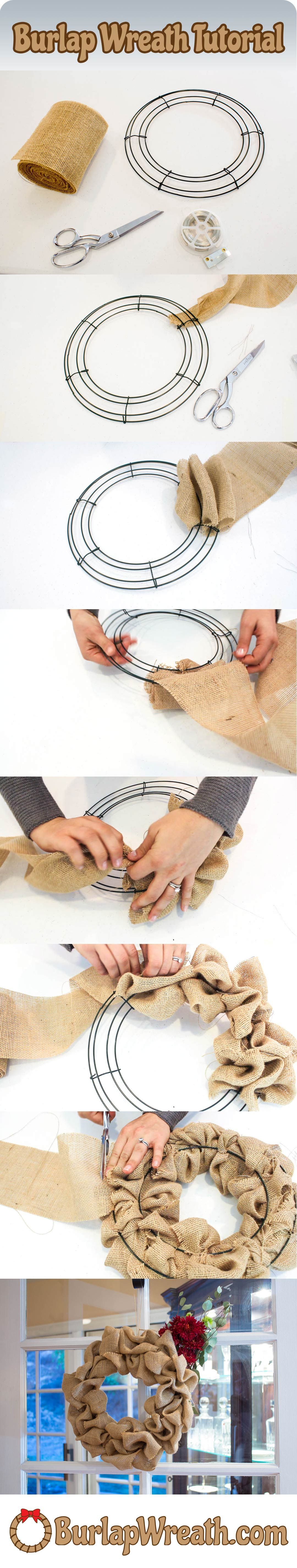 How to make a burlap wreath: Want to make a burlap wreath? Check out this easy to use tutorial showing you how to make a burlap wreath in less than 10 minutes. All you need is a wreath frame, 20-30
