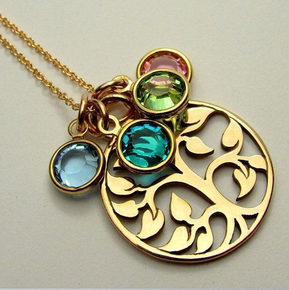 Mothers Necklace, Family Tree Birthstone Charm Necklace, Gold Filled Sold Bronze Swarovski Crystals