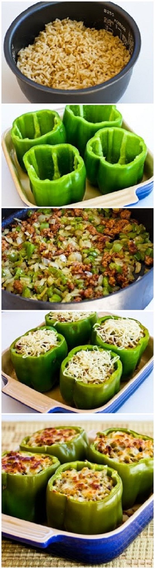 Stuffed  Peppers with Brown Rice, Italian Sausage, and Parmesan. (Id love this with yellow, red, or orange peppers instead of