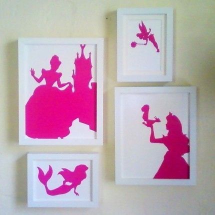 1. Google any silhouette    2. Print on colored paper    3. Cut them out    4. Place in frame. For my future daughters room!