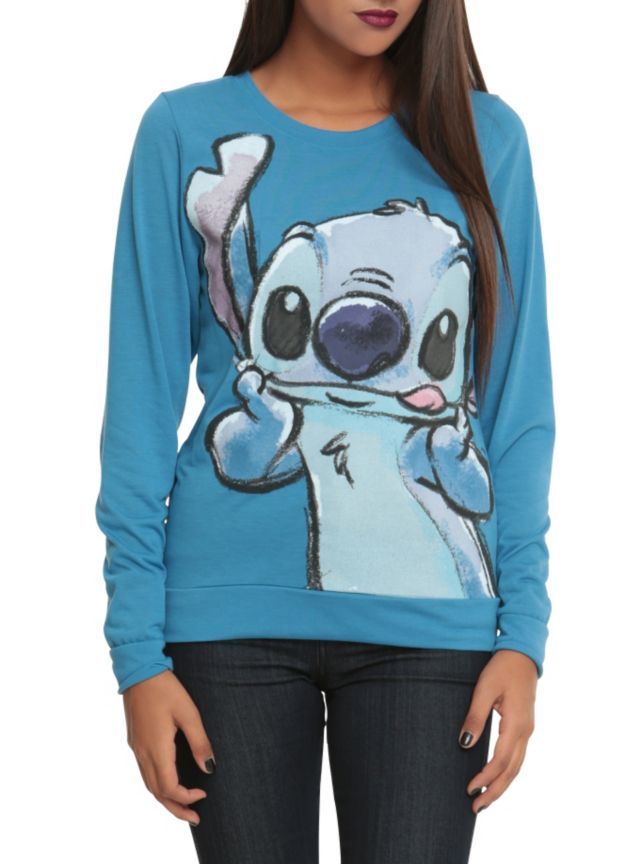 Blue pullover top with Stitch sticking his tongue out.