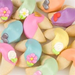dipped fortune cookies–cute idea! great to give as party favors! Maybe for a bridal or baby shower?