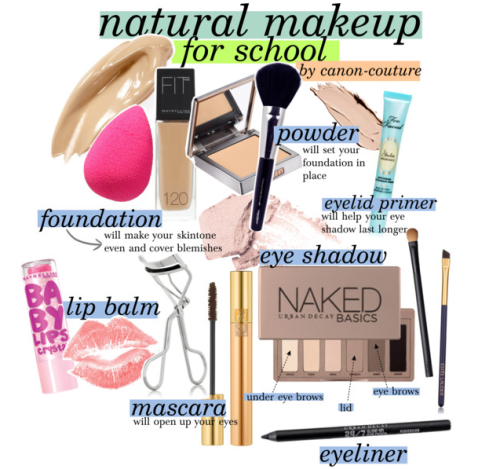 Makeup for school: foundation // powder // eyelid primer // brown shadow on eye lid // cream shadow under eye brows + inner corner
