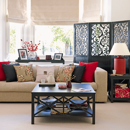 Oriental Living Room- I could make roman shades in the theme for the 8windows