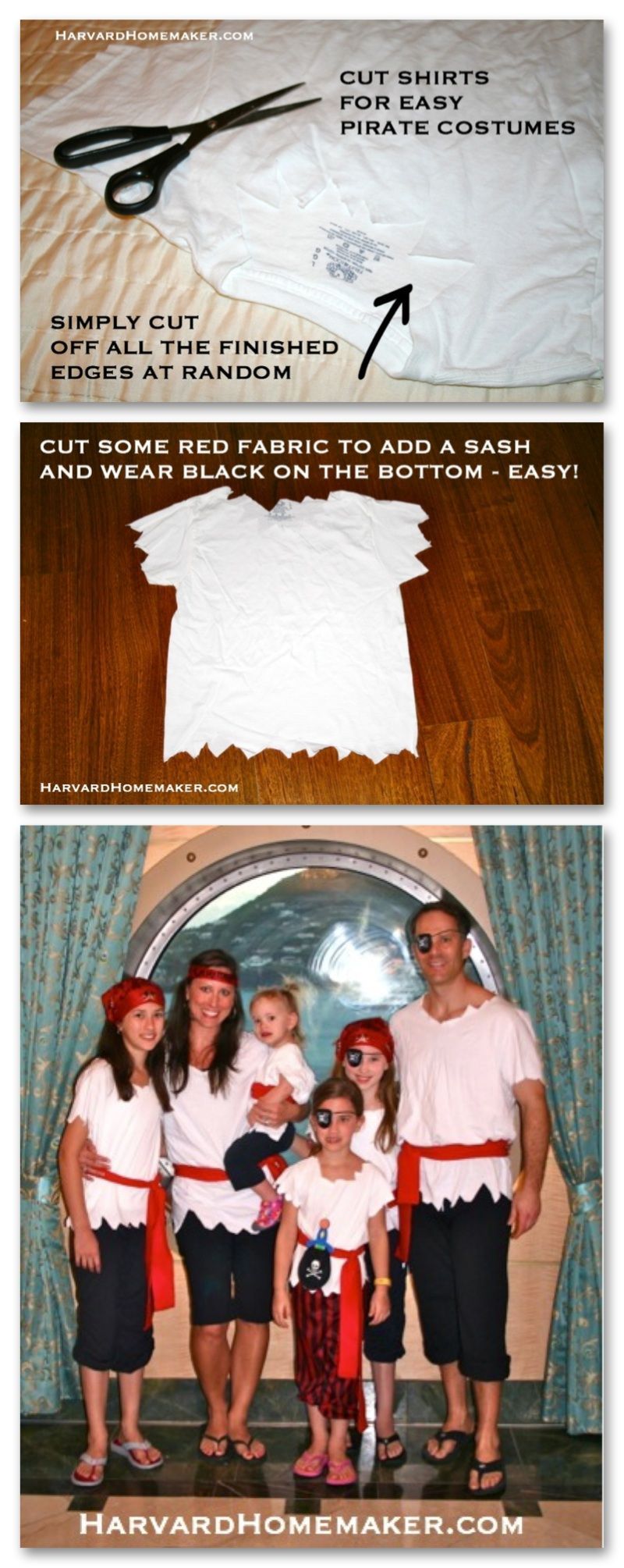 Pirate Costumes DIY – no sew. Article is: 15 things to pack for a Disney Cruise. Scroll down to see Pirate Costume section.