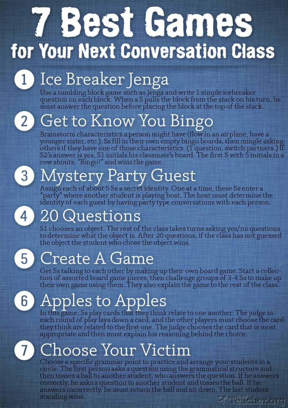 POSTER: 7 Best Games for Your Next Conversation Class