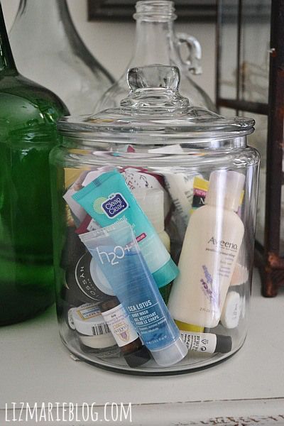 Put samples of shampoo, lotion, conditioner, & other toiletries in a glass container & put in guest bedroom when you have