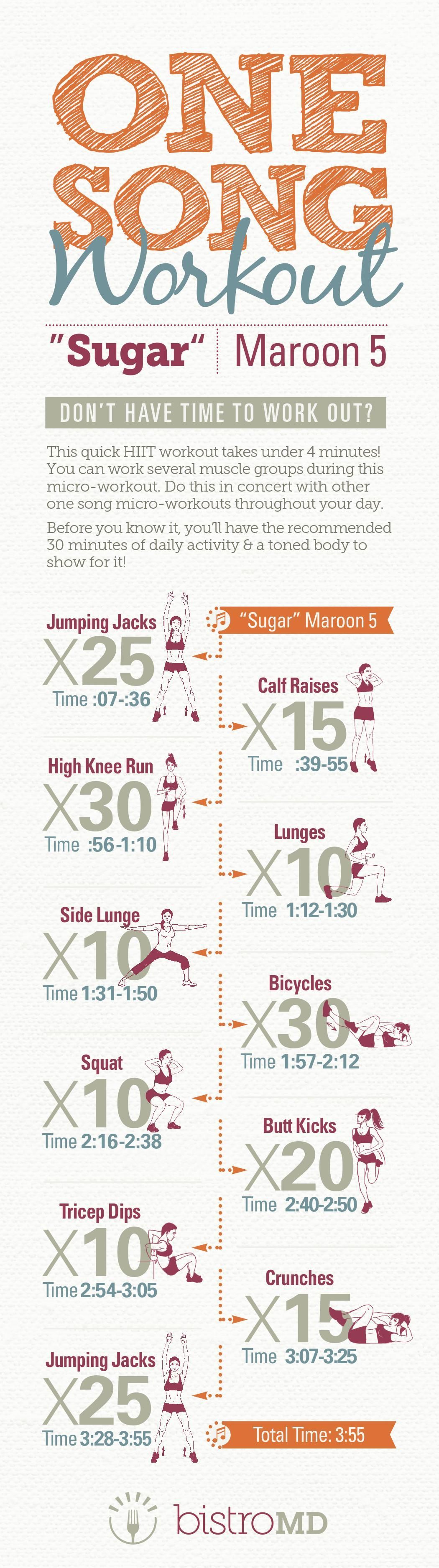 Workout a variety of muscle groups in under 4 minutes with this fun HIIT (high intensity interval training) workout to Maroon 5s