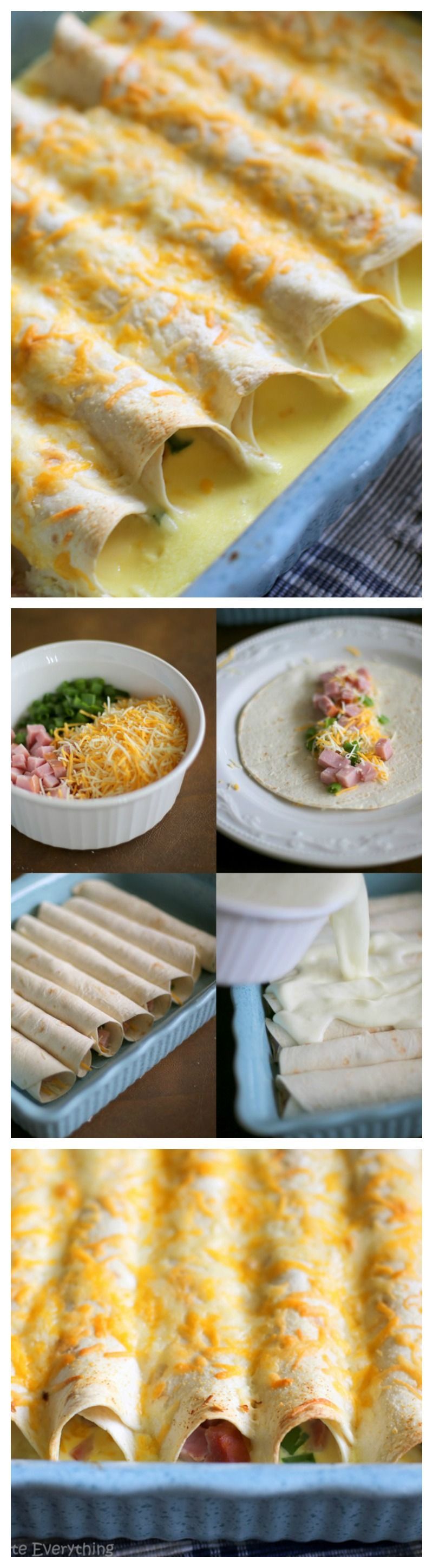 Breakfast!  — “Ham and Cheese Breakfast Enchiladas – prepared the night before and filled with a ham and cheese egg mixture.