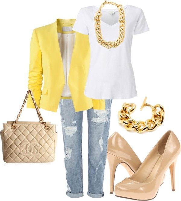 Different color bright blazer, white tee, boyfriend jeans, could do white purse (have) and nude heels (have) … like the gold