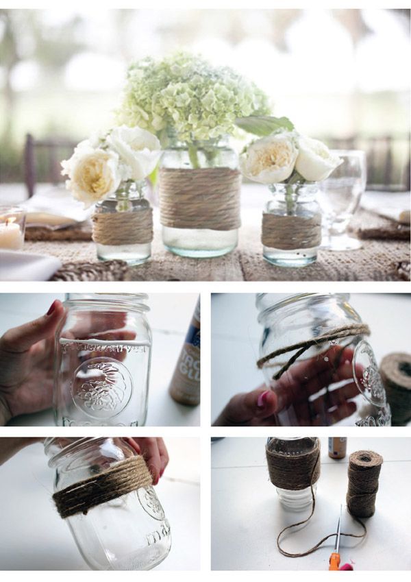 DIY twine wrapped mason jars for a wedding or party (via HollyWould)