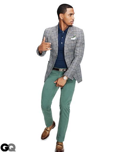 Jacket, $2,350, and loafers, $570, by Gucci. Polo shirt, $385 by Louis Vuitton. Chinos, $55 by Dockers. Pocket square Paul Stuart.