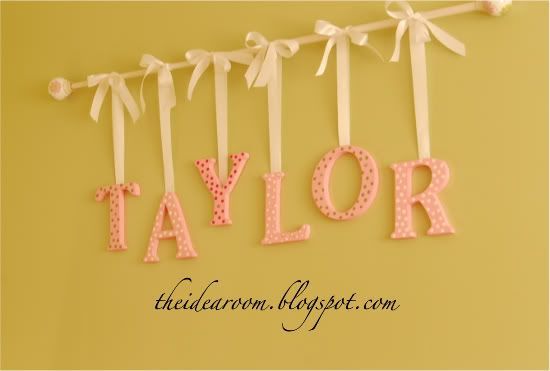 name wall hanging using a curtain rod- could do this with the p-h-i-m-u you get during inspiration week!