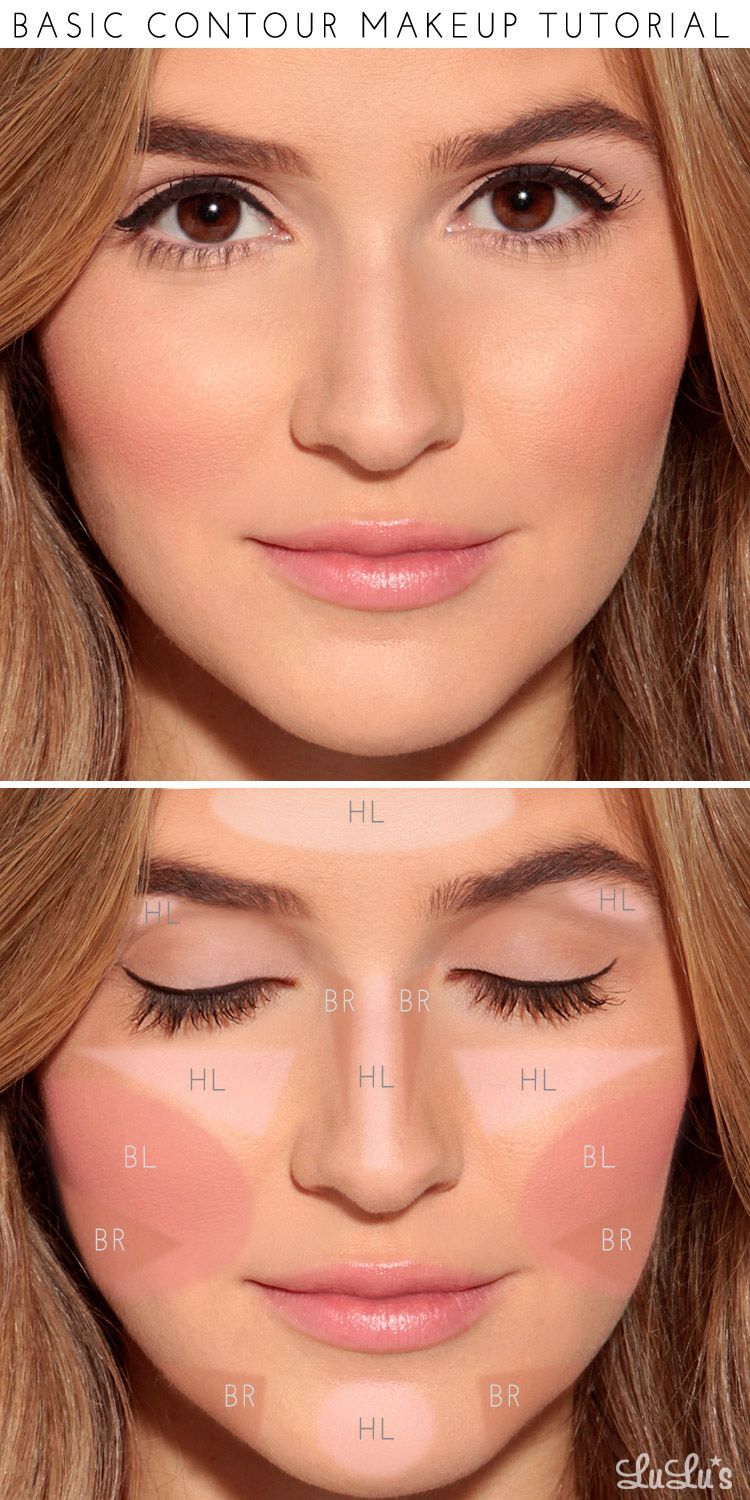 Start by applying a light foundation in the areas labeled “HL” to add highlights. Fill in the areas marked “BR” with a