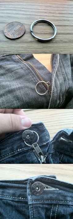 Use the link from a keychain to keep your pants zipper hidden. | 31 Creative Life Hacks Every Girl Should Know