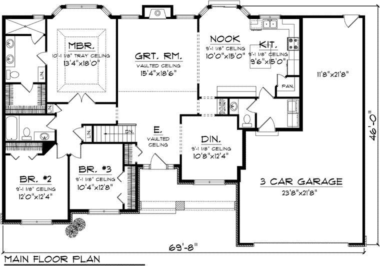 3-Bedroom Ranch Floor Plans | First Floor Plan of Ranch House Plan 73301