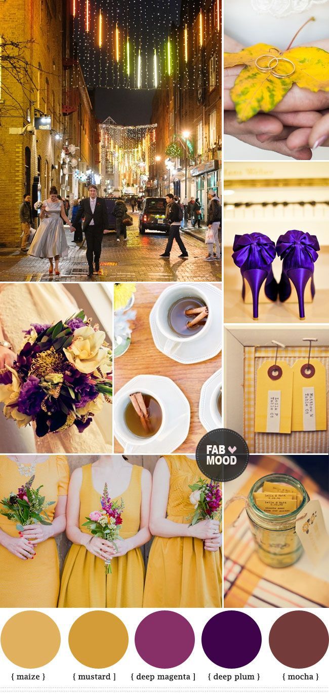 autumn wedding colors purple and yellow. Flip around with purple as main and yellow as accent.  add grey