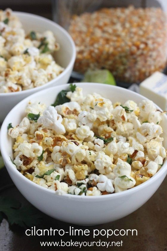 Cilantro-Lime Popcorn @Cassie Laemmli | Bake Your Day…make it vegan by using melted coconut oil in replace of the butter