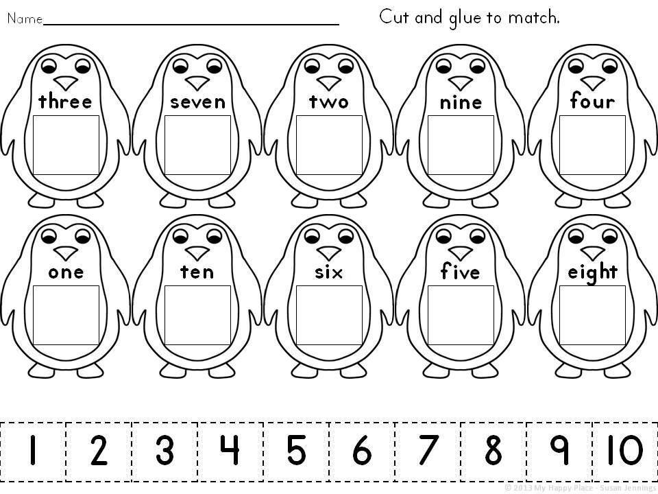 Cut and Glue Penguins-Match Numerals to Number Words Penguins! Kindergarten and First Grade Thematic Activities for Literacy and