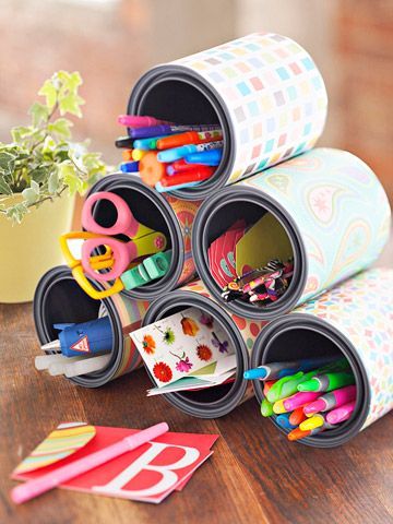 Cute and Clever Ways to Store Your Small Craft Supplies. Great idea for my kids homework table.
