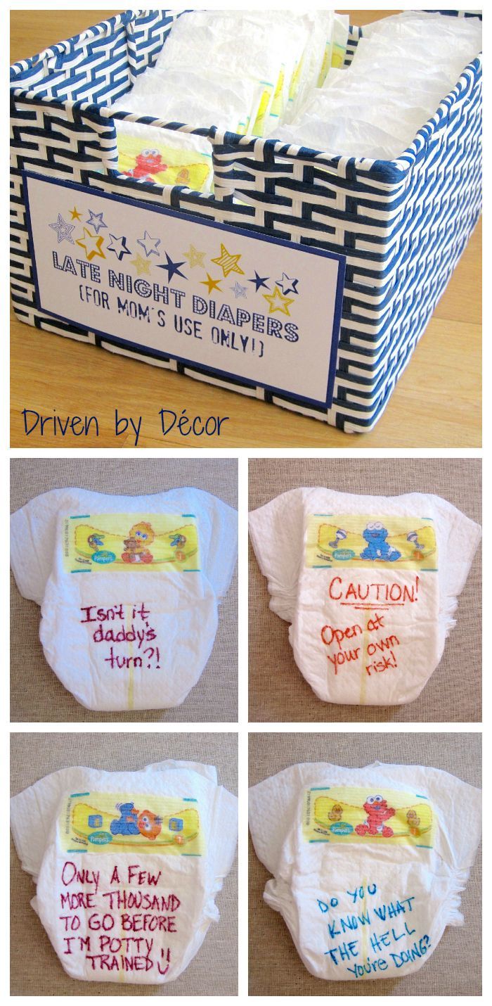 Cute idea…. Late Night Diapers ~ the shower guests were each given a few diapers and some Sharpies and were asked to write a