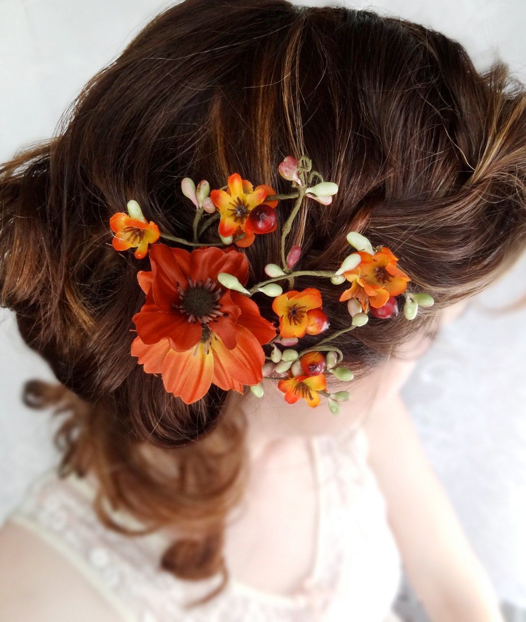 fall wedding, hair clip, autumn wedding, fall flower, hair accessory – WILDWOOD BRAMBLE – burnt orange flower., via Etsy.